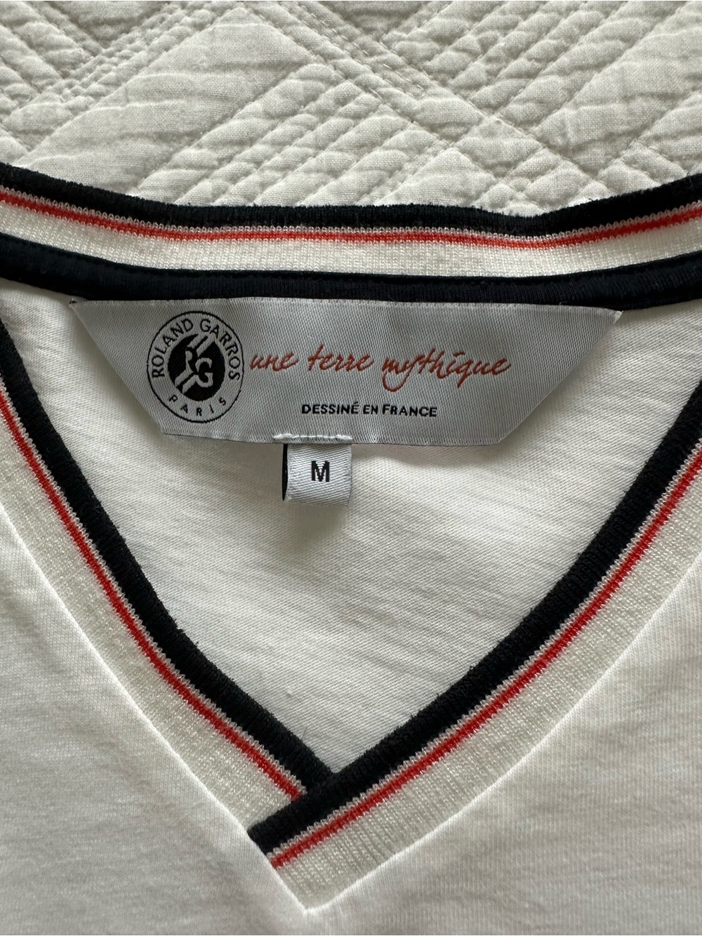 Roland Garros Heritage V-Neck Tennis Top in White with Black and Red Trim
